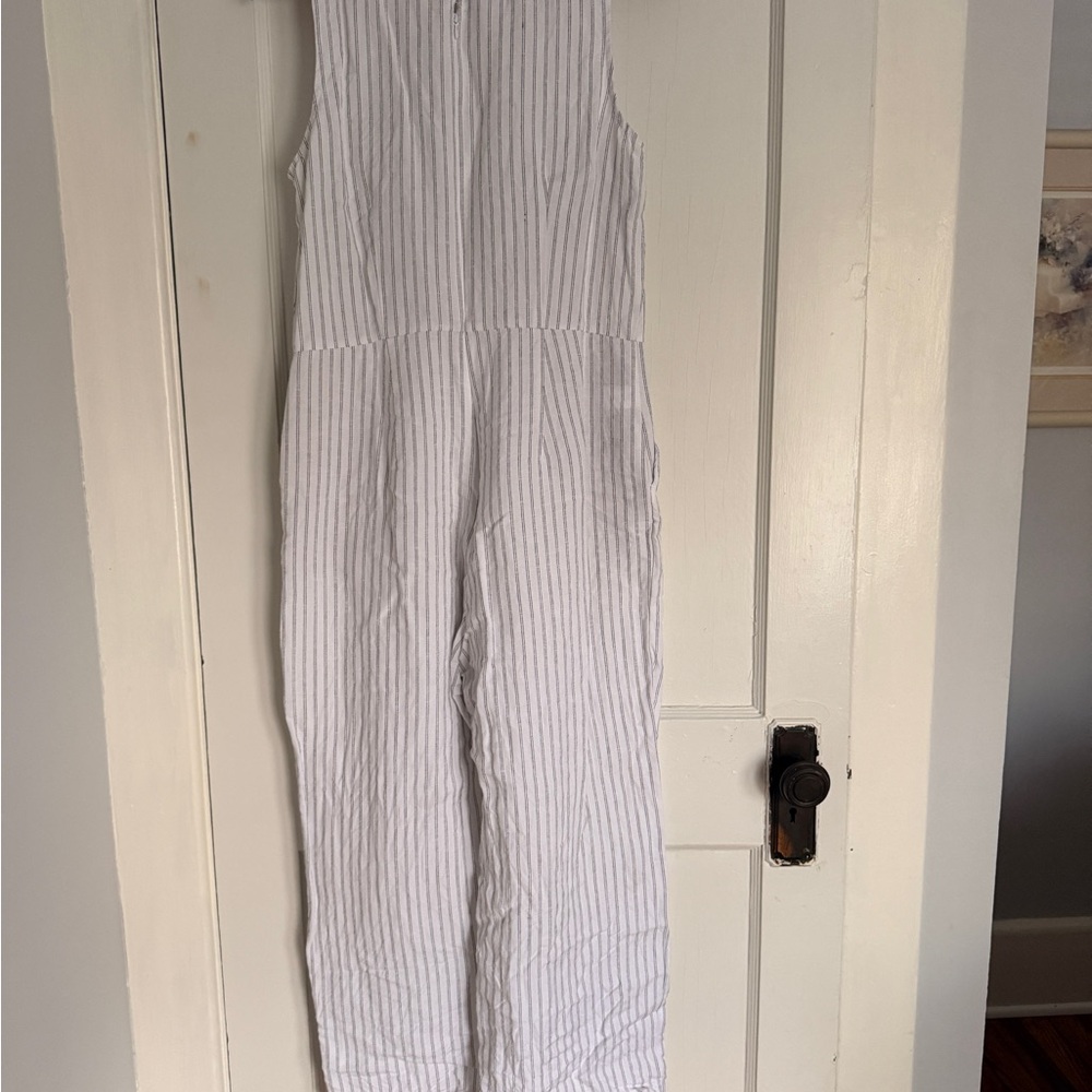 LOFT White & Gray Striped Sleeveless Jumpsuit with Tie Waist - Picture 6 of 8